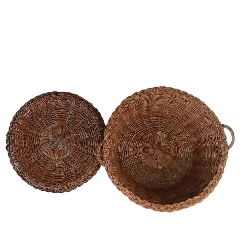 Vintage Wicker Rattan Basket With Lid Reddish Brown 12